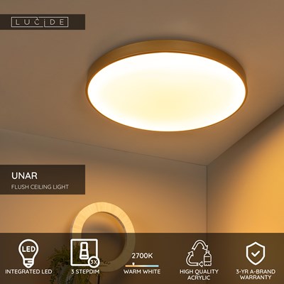 Lucide UNAR - Flush ceiling light - Ø 60 cm- LED 3 StepDim - 1x60W 2700K - Matt Gold / Brass